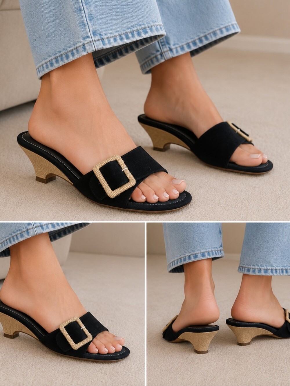 Like New.Bandolino Black Suede Slide Mules large raffia-wrapped buckle detail .